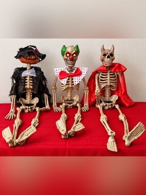Vintage Halloween Skeleton Decorations Lot of 3 – Pumpkin, Clown & Devil Figures